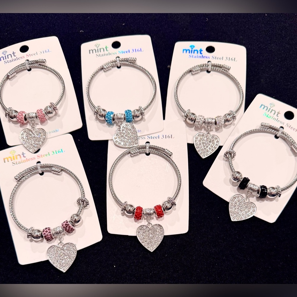 Mint Silver Stainless Steel Adjustable Bracelet Heart Charm and Black Accents - Picture 5 of 6
